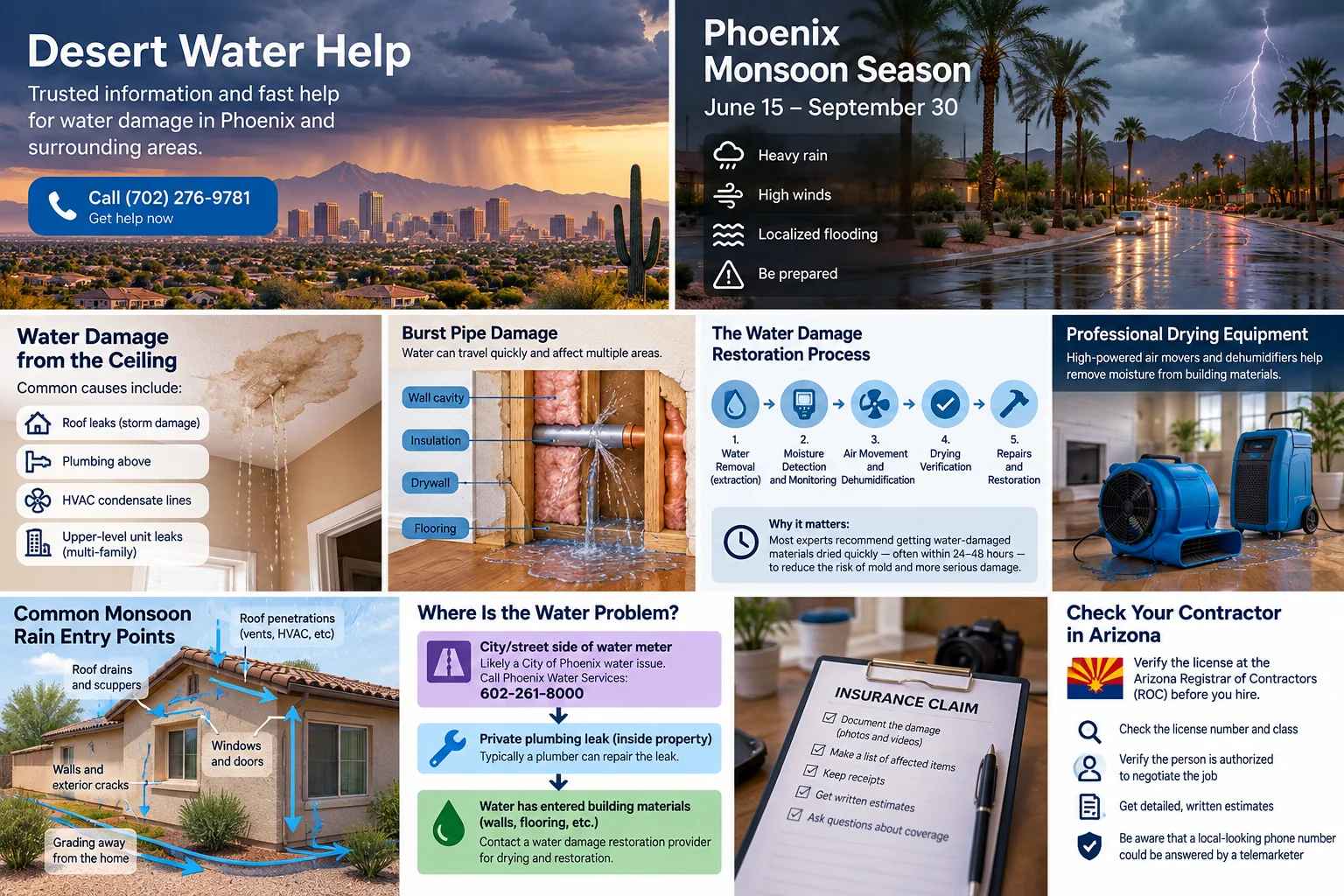 Editorial illustration covering Phoenix monsoon conditions, common water entry points, burst-pipe moisture migration, restoration drying steps, insurance documentation and Arizona contractor verification.
